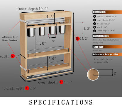 Pull Out Spice Rack Organizer for Cabinet, (5" W x 21.9" D x 25.2" H) Multi-Use Wood Pull Out Cabinet Organizer Slide Out Shelf Cabinet Storage for Kitchen, Pantry Organization