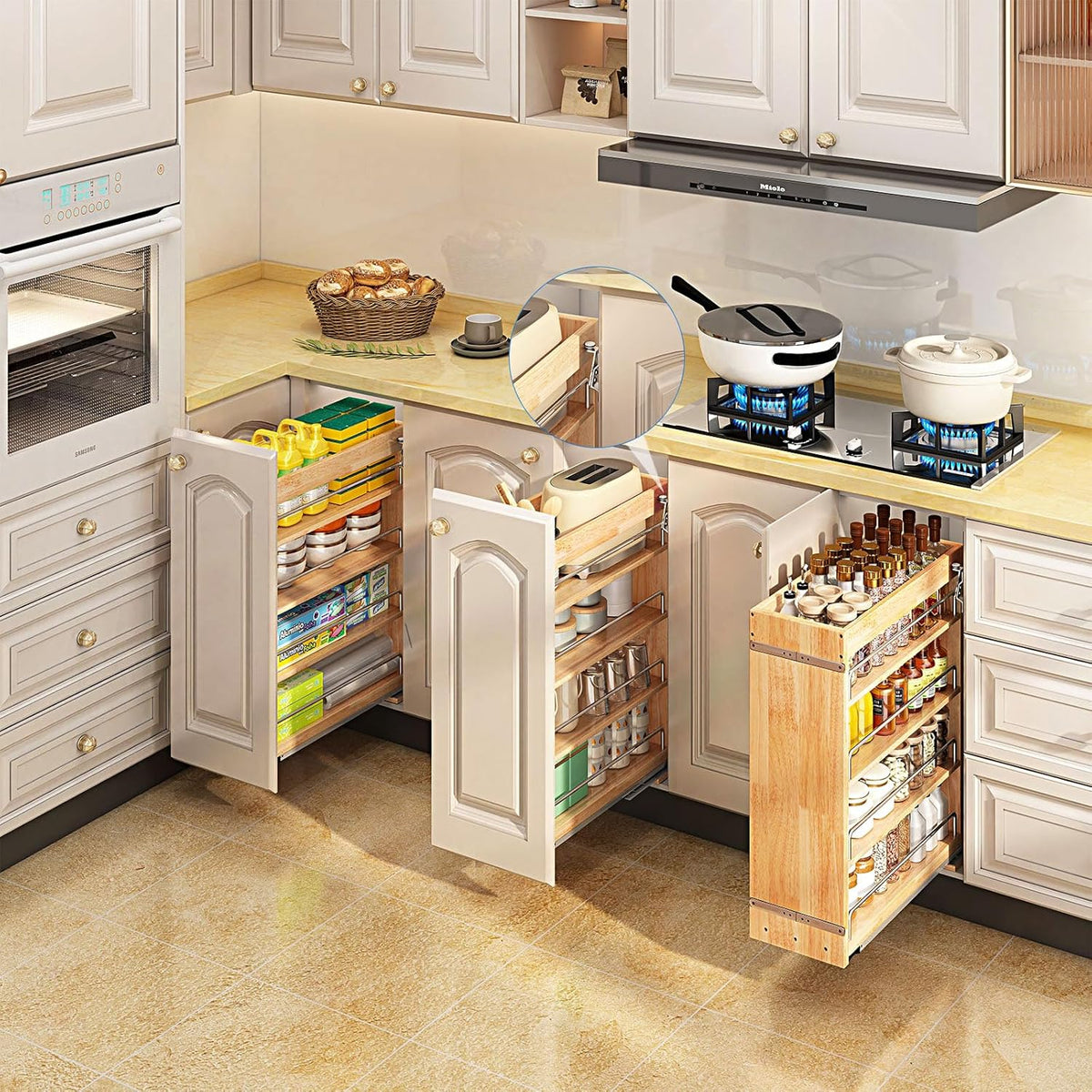 Pull Out Spice Rack Organizer for Cabinet, (5" W x 21.9" D x 25.2" H) Multi-Use Wood Pull Out Cabinet Organizer Slide Out Shelf Cabinet Storage for Kitchen, Pantry Organization