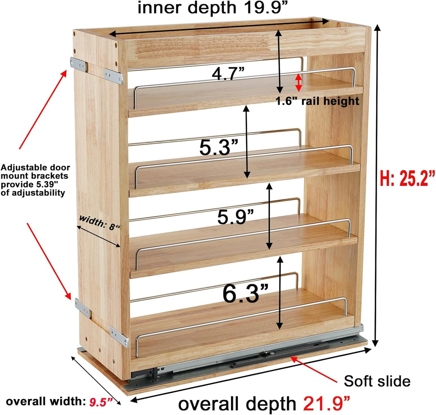Pull Out Spice Rack Organizer for Cabinet, (5" W x 21.9" D x 25.2" H) Multi-Use Wood Pull Out Cabinet Organizer Slide Out Shelf Cabinet Storage for Kitchen, Pantry Organization