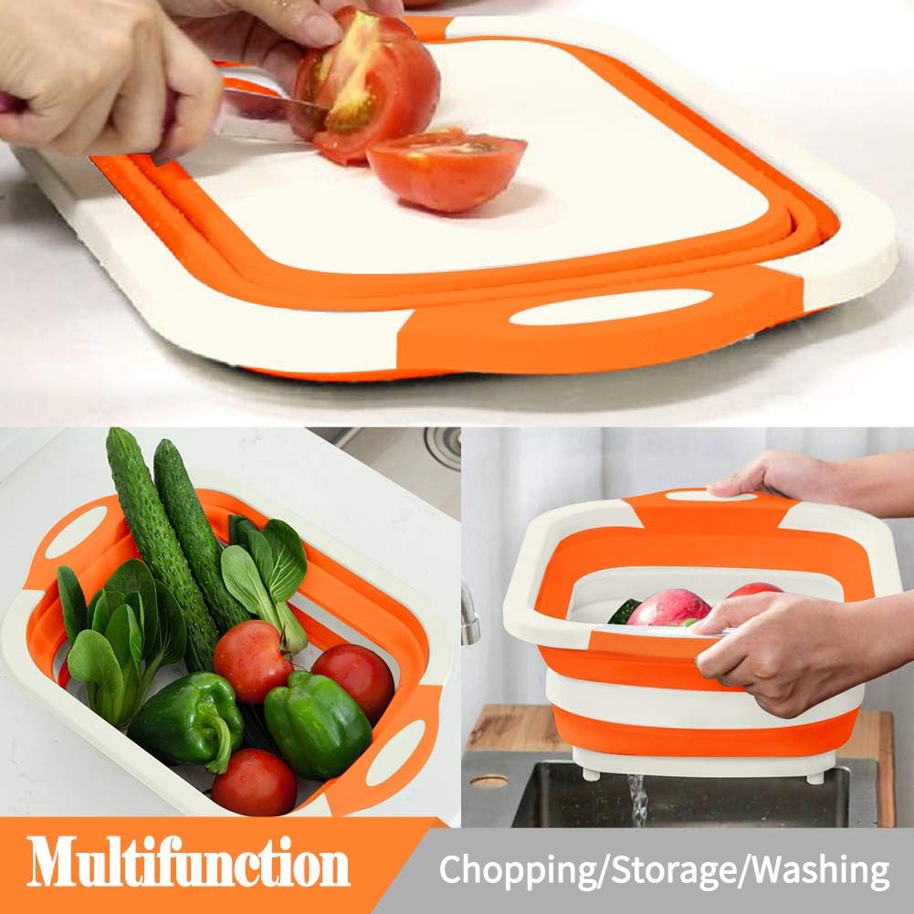 Collapsible Cutting Board, Foldable Chopping Board with Colander, Multifunctional Kitchen Vegetable Washing Basket Silicone Dish Tub for BBQ Prep/Picnic/Camping(Light Blue)