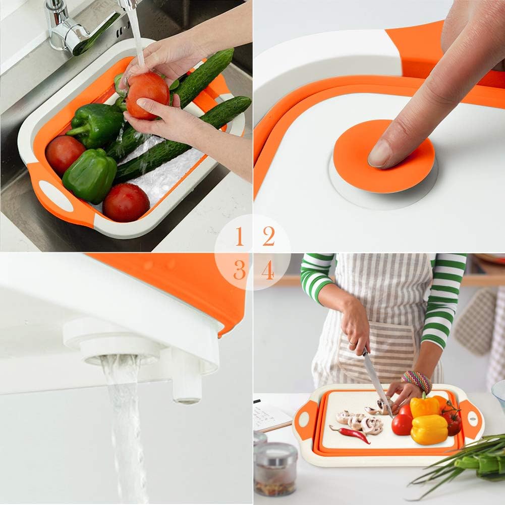 Collapsible Cutting Board, Foldable Chopping Board with Colander, Multifunctional Kitchen Vegetable Washing Basket Silicone Dish Tub for BBQ Prep/Picnic/Camping(Light Blue)