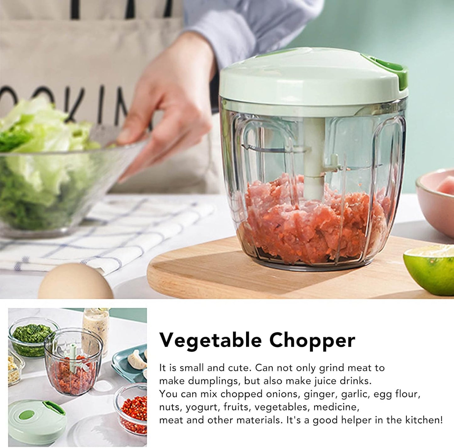 Manual Food Processor Vegetable Chopper, Portable Hand Pull String Garlic Mincer Onion Cutter for Veggies, Ginger, Fruits, etc., 900ml, Green