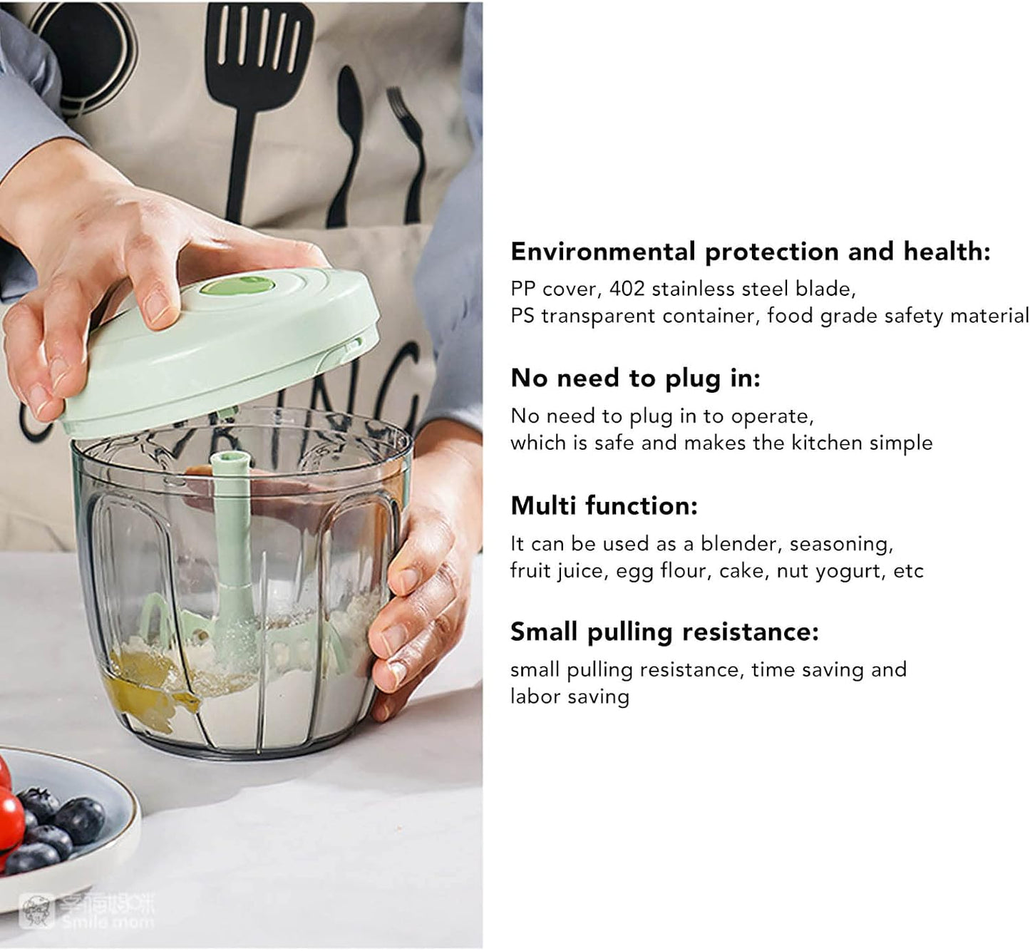 Manual Food Processor Vegetable Chopper, Portable Hand Pull String Garlic Mincer Onion Cutter for Veggies, Ginger, Fruits, etc., 900ml, Green