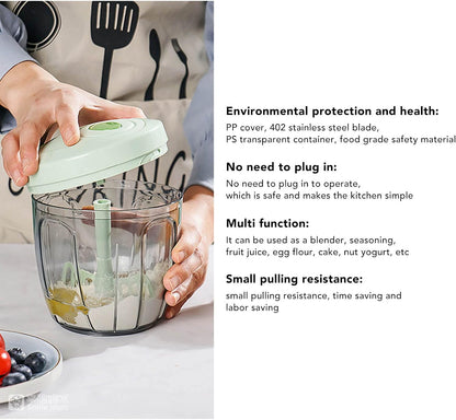 Manual Food Processor Vegetable Chopper, Portable Hand Pull String Garlic Mincer Onion Cutter for Veggies, Ginger, Fruits, etc., 900ml, Green