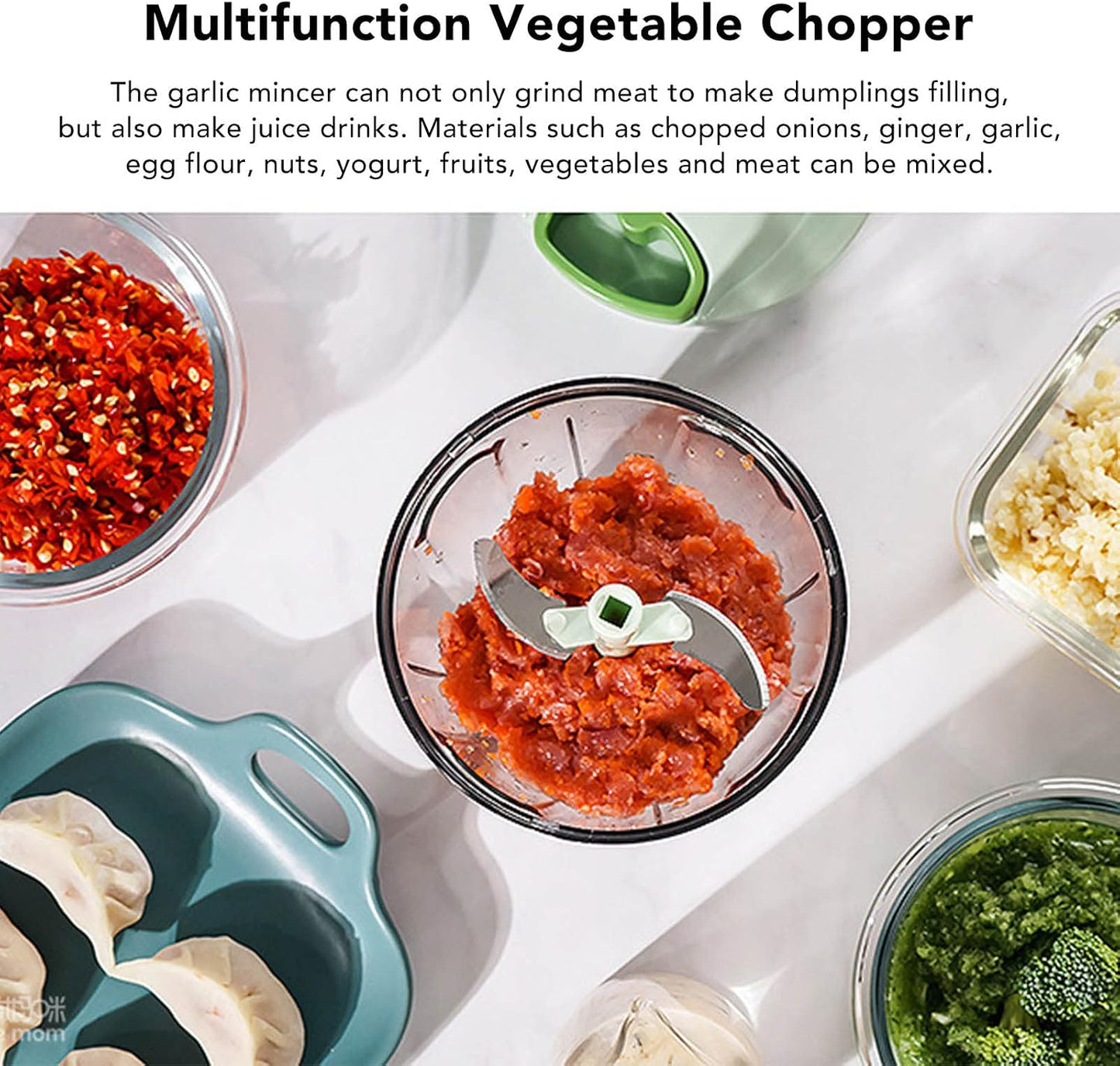 Manual Food Processor Vegetable Chopper, Portable Hand Pull String Garlic Mincer Onion Cutter for Veggies, Ginger, Fruits, etc., 900ml, Green