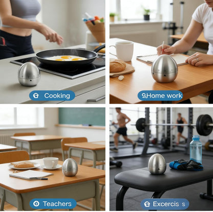 Stainless Steel Kitchen Timer Egg – Accurate Countdown Timer for Cooking, Metallic Silver Egg Shape, with Dual-Language Manual (English & Chinese)
