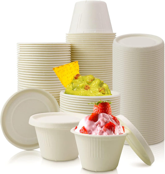 100-Pack 4 oz Disposable Paper Cups with Lids, White | Small Ice Cream Cups, 4 Ounce Natural Bagasse Fiber Recycleable Paper Bowls for Portion Condiments, Sauce, Souffle