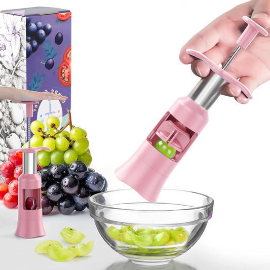 Grape Cutter Tool - Stainless Steel Kitchen Gadgets with 2 Straw Brushes & 2 Types of Slicing - Cherry, Grape, Tomato - Baby Fruit Cutter (Pink)
