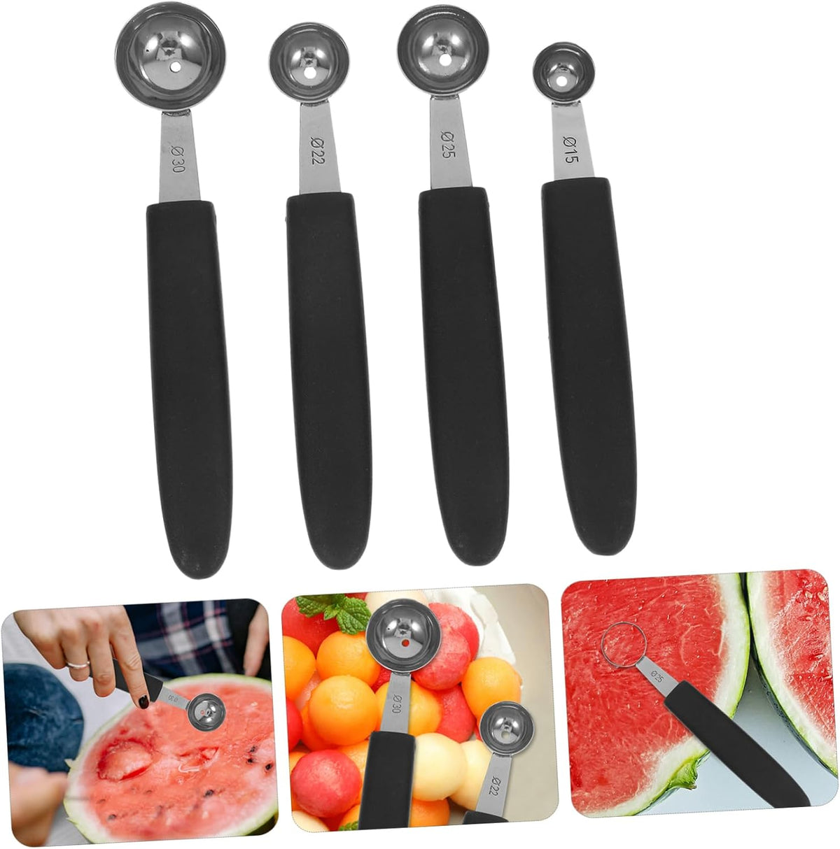 4-Piece Stainless Steel Melon Baller Set Ice Cream Scoops Heavy Duty Fruit Scooper for Home Kitchen Dining