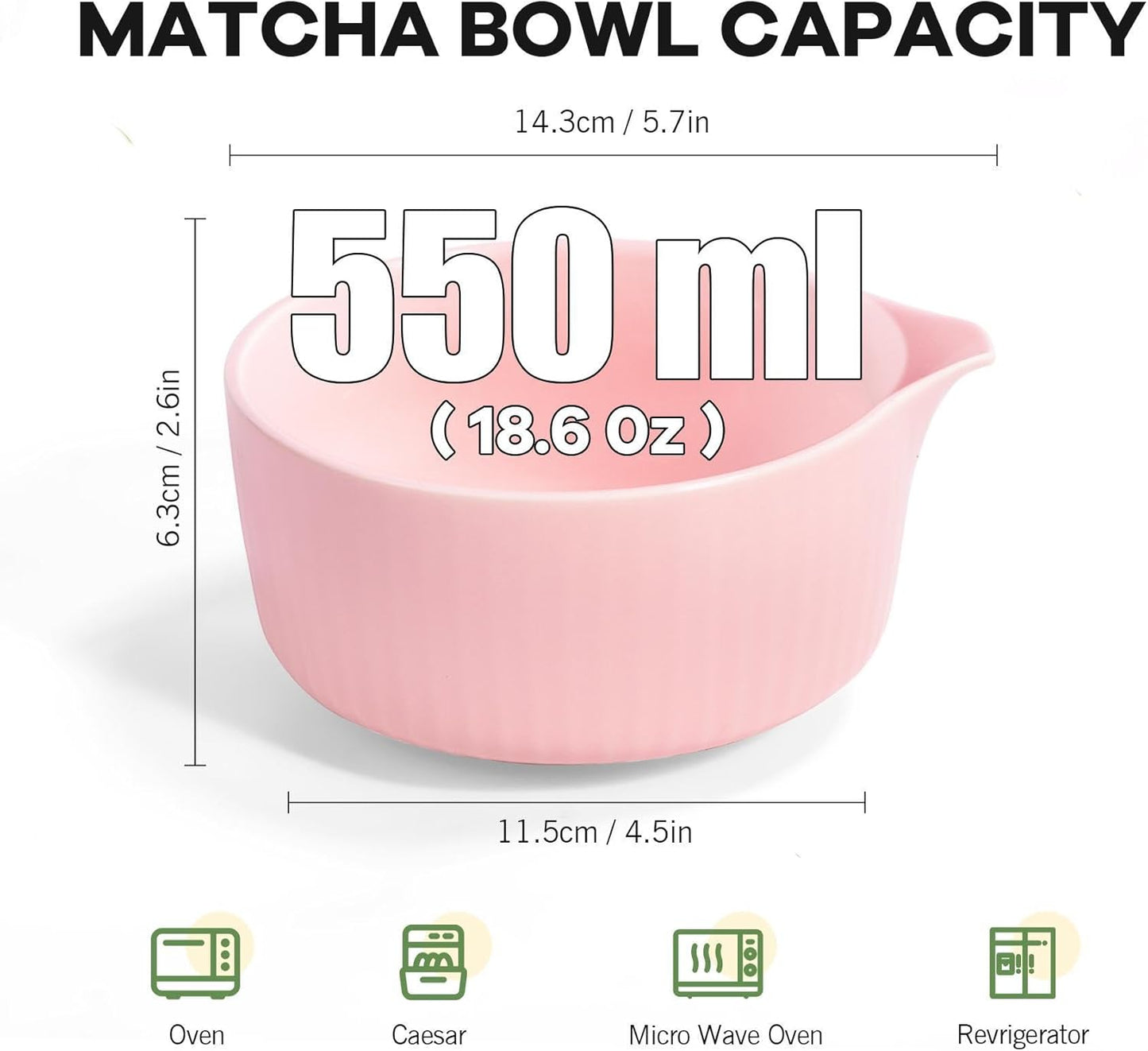 Pink Traditional Matcha Whisk Set, 5 Pcs Japanese Matcha Kit with Chawan Ceramic Bowl with Spout, Chasen Bamboo Whisk and Holder, Scoop, Sifter - Matcha Set Kit Gift for Ceremony Matcha Lattes Lover