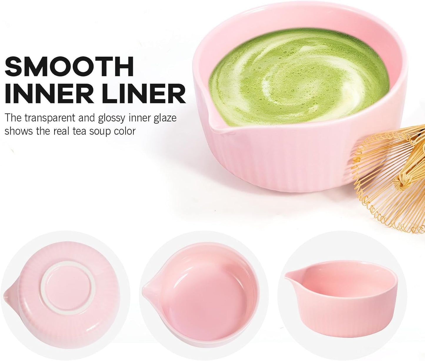 Pink Traditional Matcha Whisk Set, 5 Pcs Japanese Matcha Kit with Chawan Ceramic Bowl with Spout, Chasen Bamboo Whisk and Holder, Scoop, Sifter - Matcha Set Kit Gift for Ceremony Matcha Lattes Lover