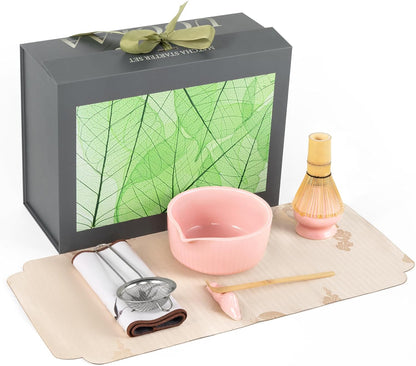 Pink Traditional Matcha Whisk Set, 5 Pcs Japanese Matcha Kit with Chawan Ceramic Bowl with Spout, Chasen Bamboo Whisk and Holder, Scoop, Sifter - Matcha Set Kit Gift for Ceremony Matcha Lattes Lover