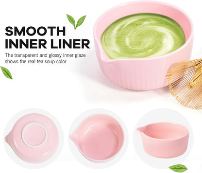 Pink Traditional Matcha Whisk Set, 5 Pcs Japanese Matcha Kit with Chawan Ceramic Bowl with Spout, Chasen Bamboo Whisk and Holder, Scoop, Sifter - Matcha Set Kit Gift for Ceremony Matcha Lattes Lover