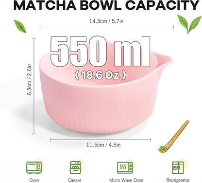 Pink Traditional Matcha Whisk Set, 5 Pcs Japanese Matcha Kit with Chawan Ceramic Bowl with Spout, Chasen Bamboo Whisk and Holder, Scoop, Sifter - Matcha Set Kit Gift for Ceremony Matcha Lattes Lover