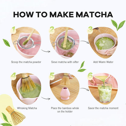 Pink Traditional Matcha Whisk Set, 5 Pcs Japanese Matcha Kit with Chawan Ceramic Bowl with Spout, Chasen Bamboo Whisk and Holder, Scoop, Sifter - Matcha Set Kit Gift for Ceremony Matcha Lattes Lover