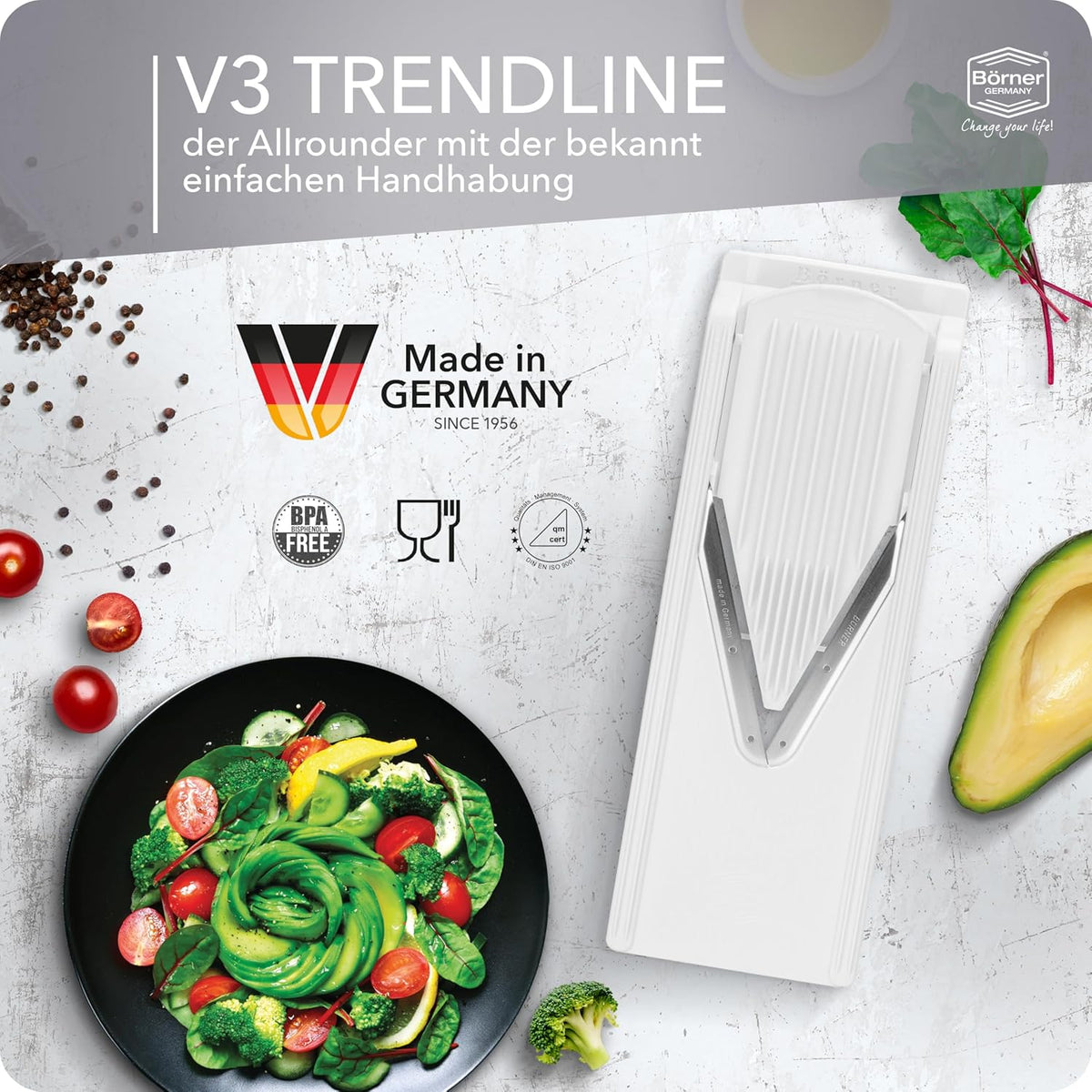 V3 TrendLine Mandoline Starter Set (6 pcs.) • Vegetable Slicer (V-Slicer) + Safety Guard + Inserts + Collection Tray + Multibox • Kitchen Slicer Set (White)