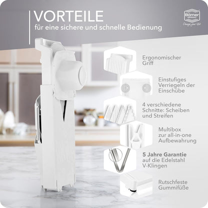 V3 TrendLine Mandoline Starter Set (6 pcs.) • Vegetable Slicer (V-Slicer) + Safety Guard + Inserts + Collection Tray + Multibox • Kitchen Slicer Set (White)