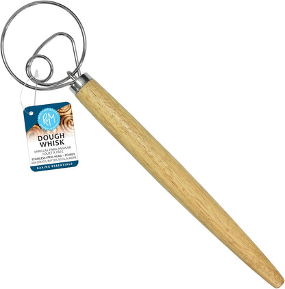 R&M Dough Whisk – 13" Stainless Steel Bread Mixer with Rubber Wood Handle – Hand Dough Blender for Sourdough, Pizza Dough, Pastries & Thick Batters