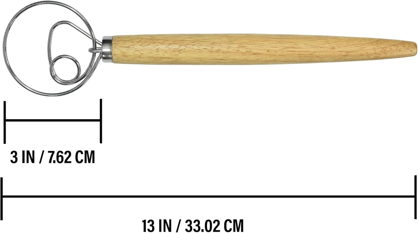 R&M Dough Whisk – 13" Stainless Steel Bread Mixer with Rubber Wood Handle – Hand Dough Blender for Sourdough, Pizza Dough, Pastries & Thick Batters