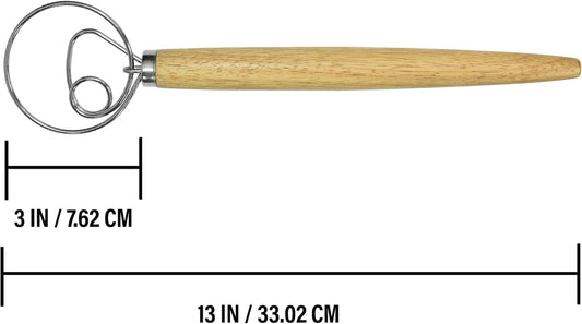 R&M Dough Whisk – 13" Stainless Steel Bread Mixer with Rubber Wood Handle – Hand Dough Blender for Sourdough, Pizza Dough, Pastries & Thick Batters