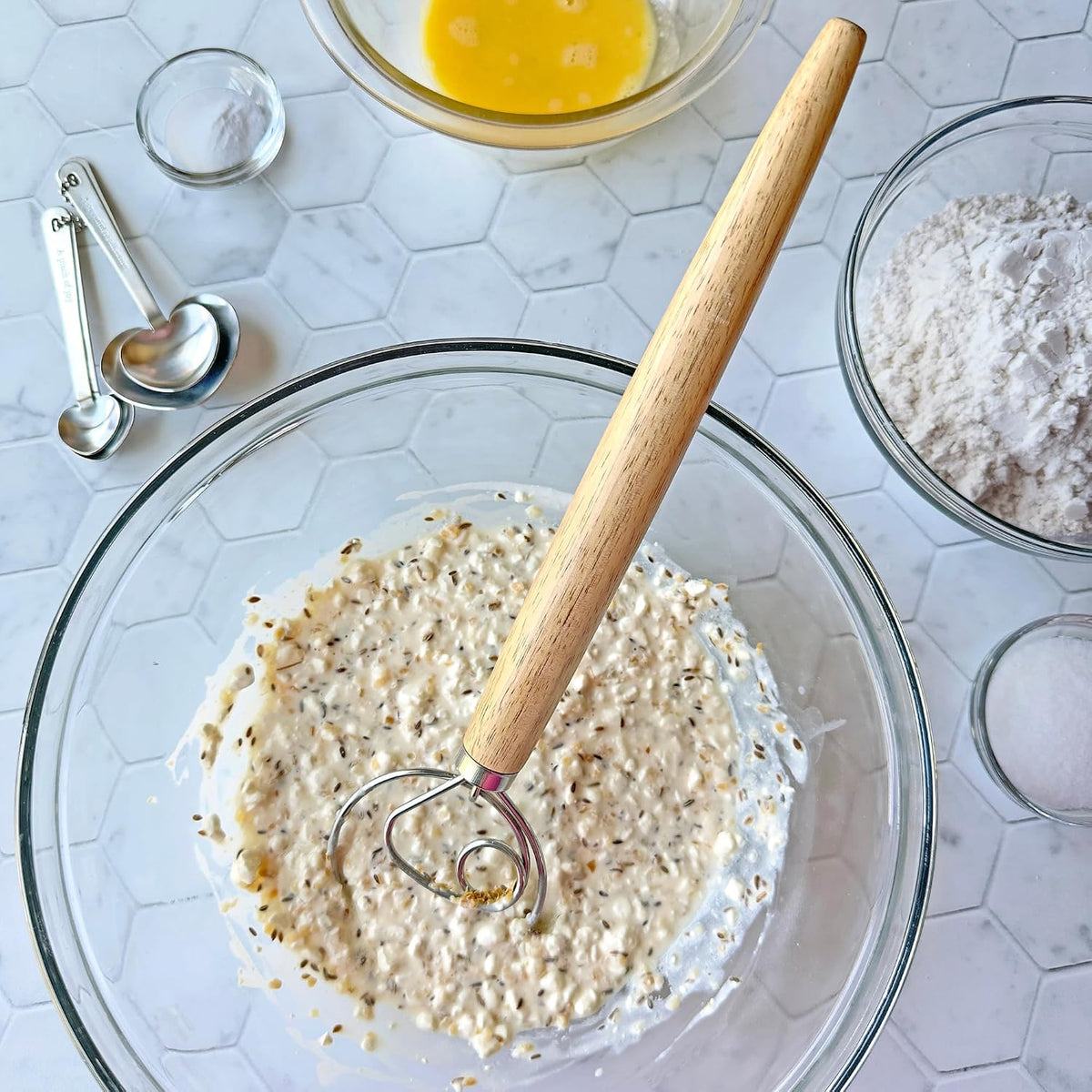 R&M Dough Whisk – 13" Stainless Steel Bread Mixer with Rubber Wood Handle – Hand Dough Blender for Sourdough, Pizza Dough, Pastries & Thick Batters