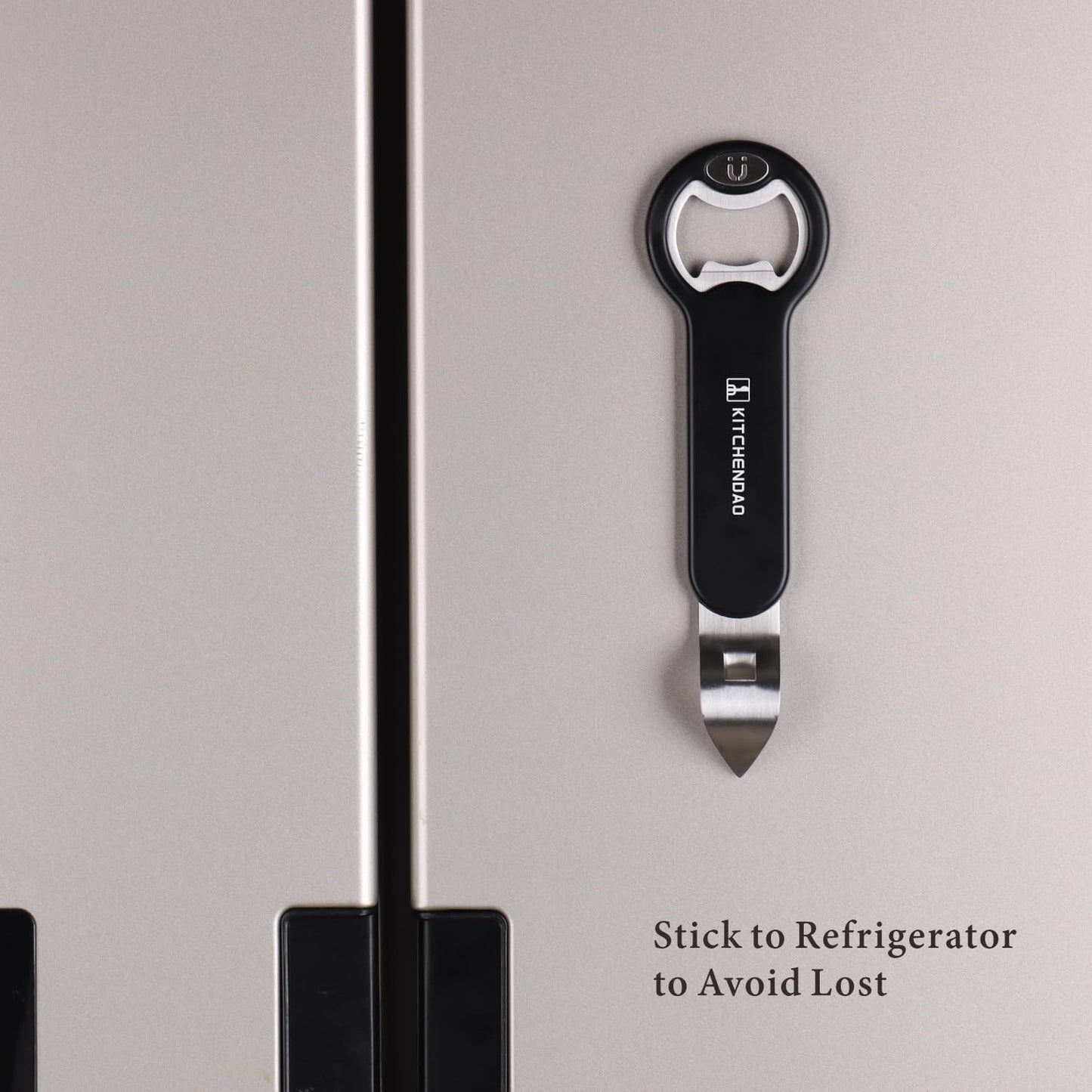 Magnetic Bottle and Can Opener for Refrigerator, Stainless Steel Manual Can Punch Opener for Liquid with Cap Catcher, Stick to Fridge for Easy Storage, Can Tapper Church Key with Magnet