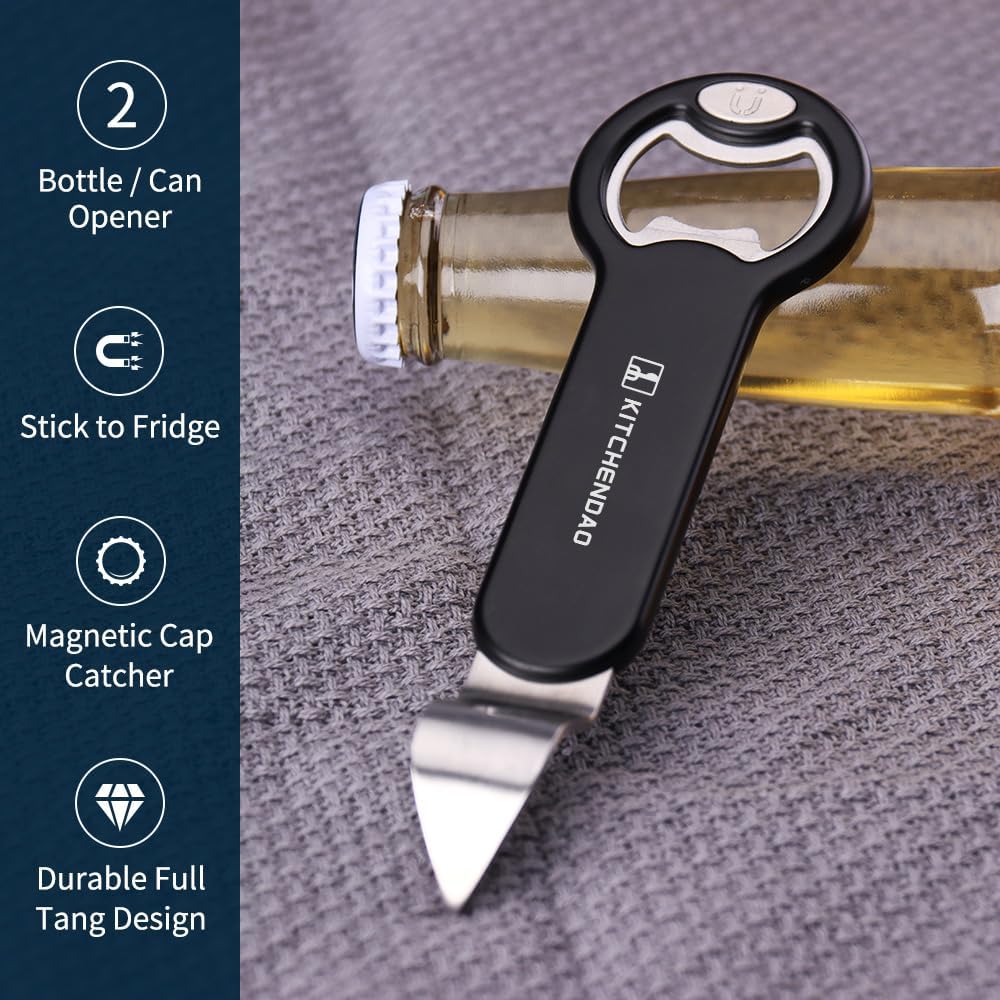 Magnetic Bottle and Can Opener for Refrigerator, Stainless Steel Manual Can Punch Opener for Liquid with Cap Catcher, Stick to Fridge for Easy Storage, Can Tapper Church Key with Magnet