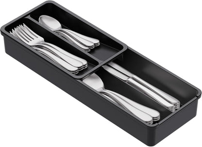 Compact Silverware Organizer for Kitchen Drawer, Narrow Flatware Tray Holder, Plastic Cutlery Spoons, Forks and Knives Storage, Black, 1 Pack