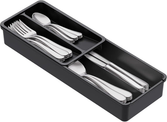 Compact Silverware Organizer for Kitchen Drawer, Narrow Flatware Tray Holder, Plastic Cutlery Spoons, Forks and Knives Storage, Black, 1 Pack