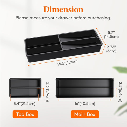 Compact Silverware Organizer for Kitchen Drawer, Narrow Flatware Tray Holder, Plastic Cutlery Spoons, Forks and Knives Storage, Black, 1 Pack