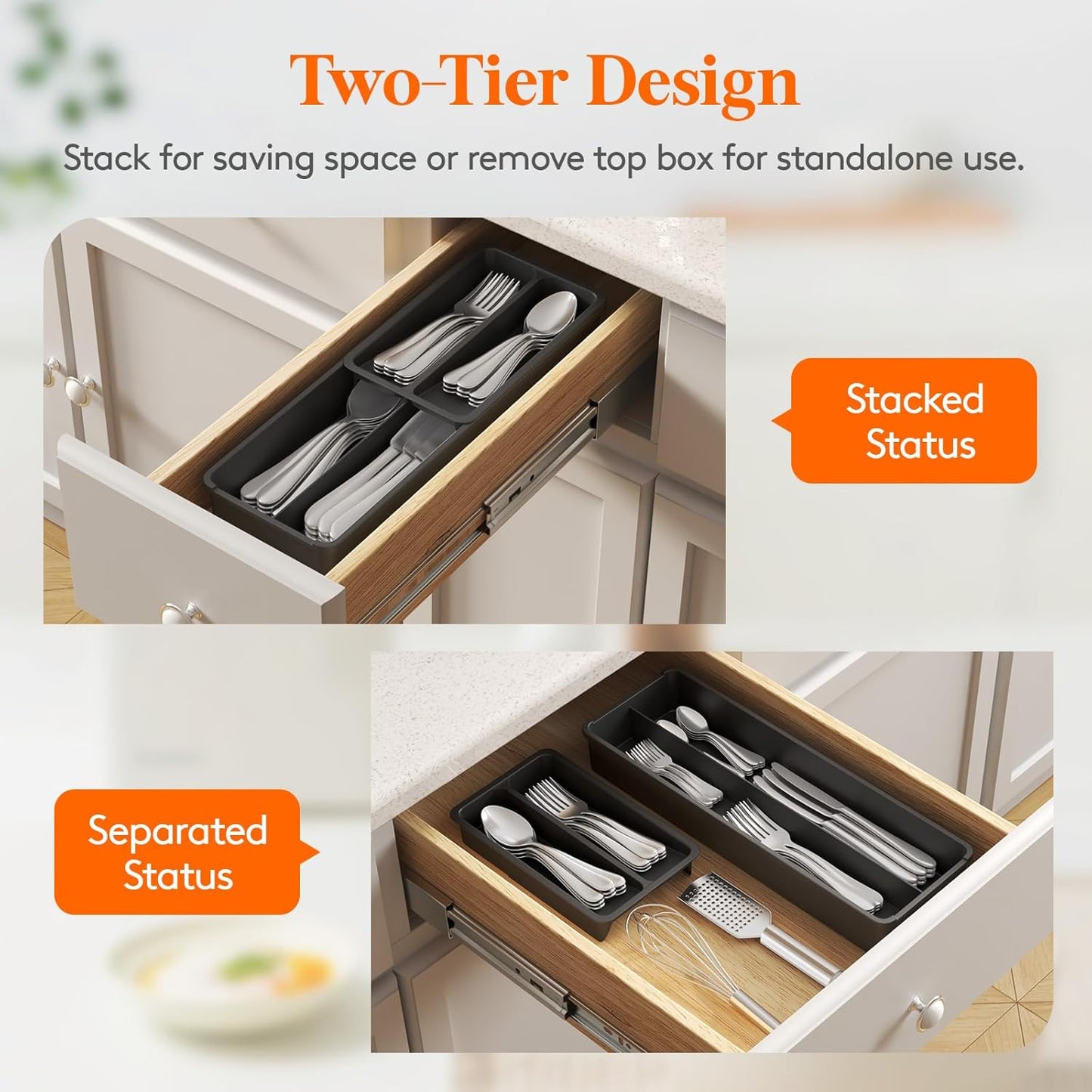 Compact Silverware Organizer for Kitchen Drawer, Narrow Flatware Tray Holder, Plastic Cutlery Spoons, Forks and Knives Storage, Black, 1 Pack