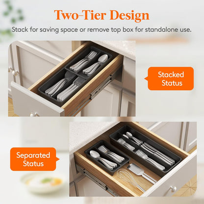 Compact Silverware Organizer for Kitchen Drawer, Narrow Flatware Tray Holder, Plastic Cutlery Spoons, Forks and Knives Storage, Black, 1 Pack