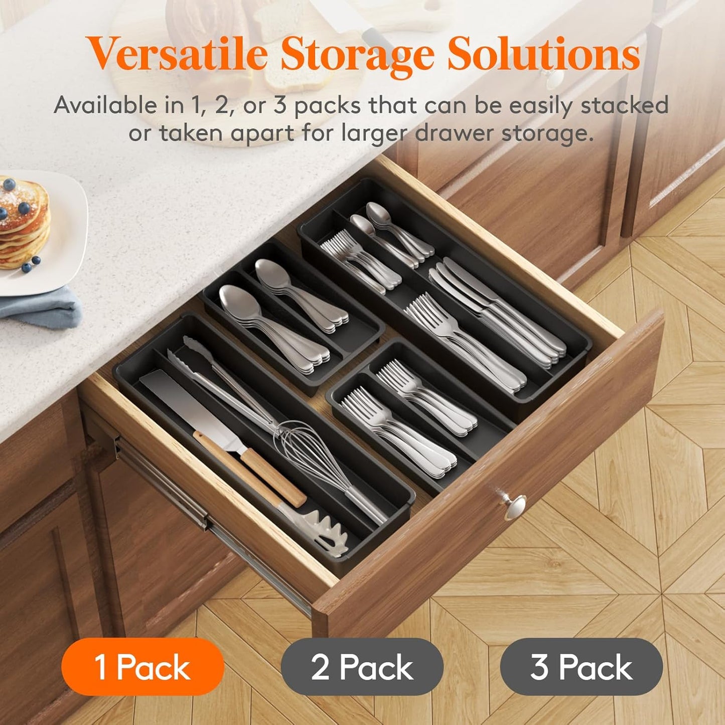 Compact Silverware Organizer for Kitchen Drawer, Narrow Flatware Tray Holder, Plastic Cutlery Spoons, Forks and Knives Storage, Black, 1 Pack
