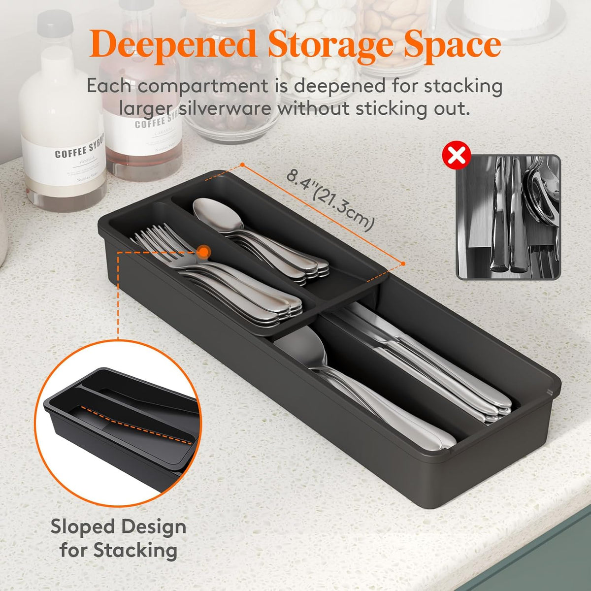 Compact Silverware Organizer for Kitchen Drawer, Narrow Flatware Tray Holder, Plastic Cutlery Spoons, Forks and Knives Storage, Black, 1 Pack