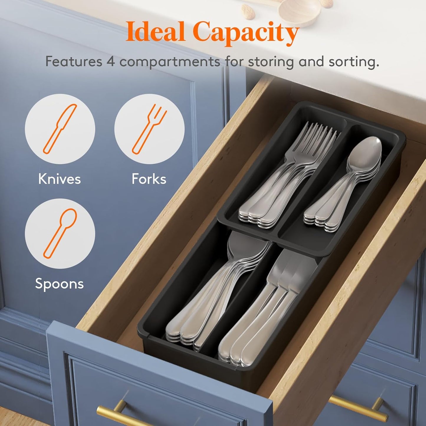 Compact Silverware Organizer for Kitchen Drawer, Narrow Flatware Tray Holder, Plastic Cutlery Spoons, Forks and Knives Storage, Black, 1 Pack
