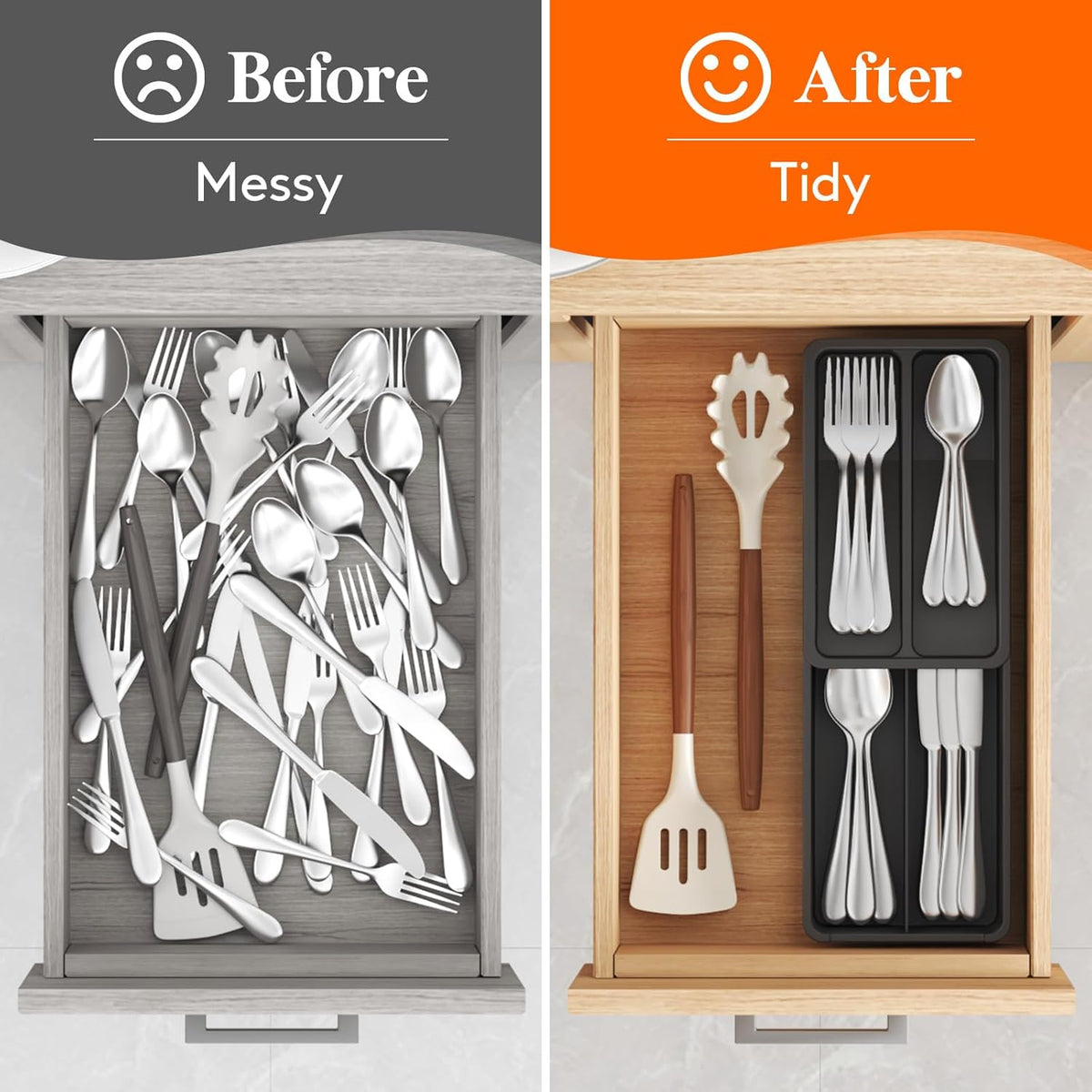 Compact Silverware Organizer for Kitchen Drawer, Narrow Flatware Tray Holder, Plastic Cutlery Spoons, Forks and Knives Storage, Black, 1 Pack