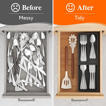 Compact Silverware Organizer for Kitchen Drawer, Narrow Flatware Tray Holder, Plastic Cutlery Spoons, Forks and Knives Storage, Black, 1 Pack