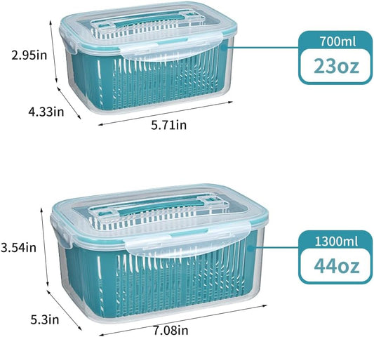 2 Pack Fruit Storage Containers for Fridge,44oz+23oz,Stackable Fresh Food Produce Saver Containers with Removable Colander, Vegetable Lettuce Keeper Bowl(Blue)
