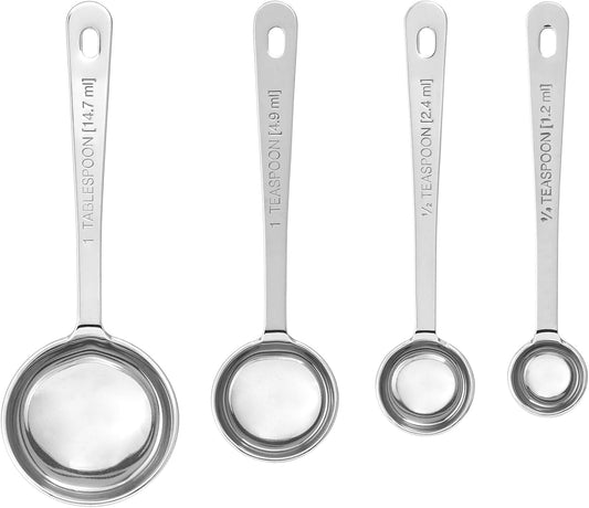 Stainless Steel Measuring Spoons, Engraved Labels - Silver, Set of 4 | Accurate Portion Sizes, 1/4 Tsp, 1/2 Tsp, 1 Tsp & 1 Tbsp for Precise Cooking & Baking, Easy Storage, Dishwasher Safe