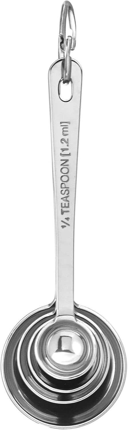 Stainless Steel Measuring Spoons, Engraved Labels - Silver, Set of 4 | Accurate Portion Sizes, 1/4 Tsp, 1/2 Tsp, 1 Tsp & 1 Tbsp for Precise Cooking & Baking, Easy Storage, Dishwasher Safe