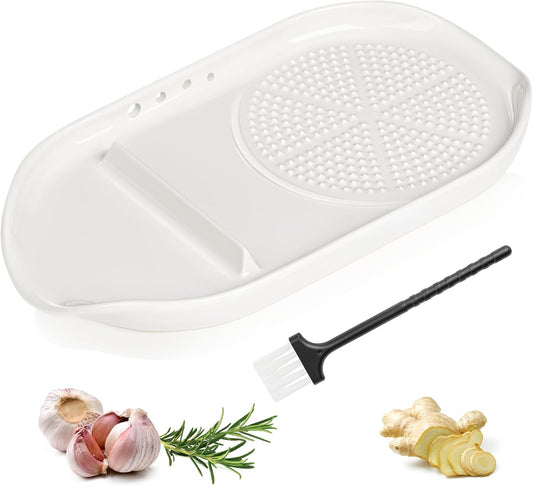 4 in 1 Ceramic Garlic Grater with Egg Cracker,Spoon Rest and Herb Stripper, Ginger Grater Plate for Grinding Wasabi Fruits Vegetables Ginger Garlic Cheese(6.76inx3.7in)