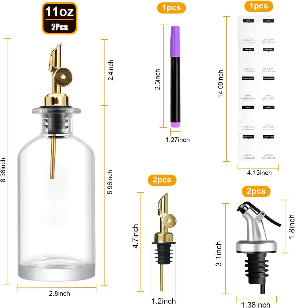2Pcs 12oz Olive Oil Dispenser Bottle, Oil Dispenser for Kitchen | Glass Cooking Oil Dispenser, Vinegar Cruet Bottle with Pourers, Oil and Vinegar Dispenser Set with Pourers, Corks, Caps