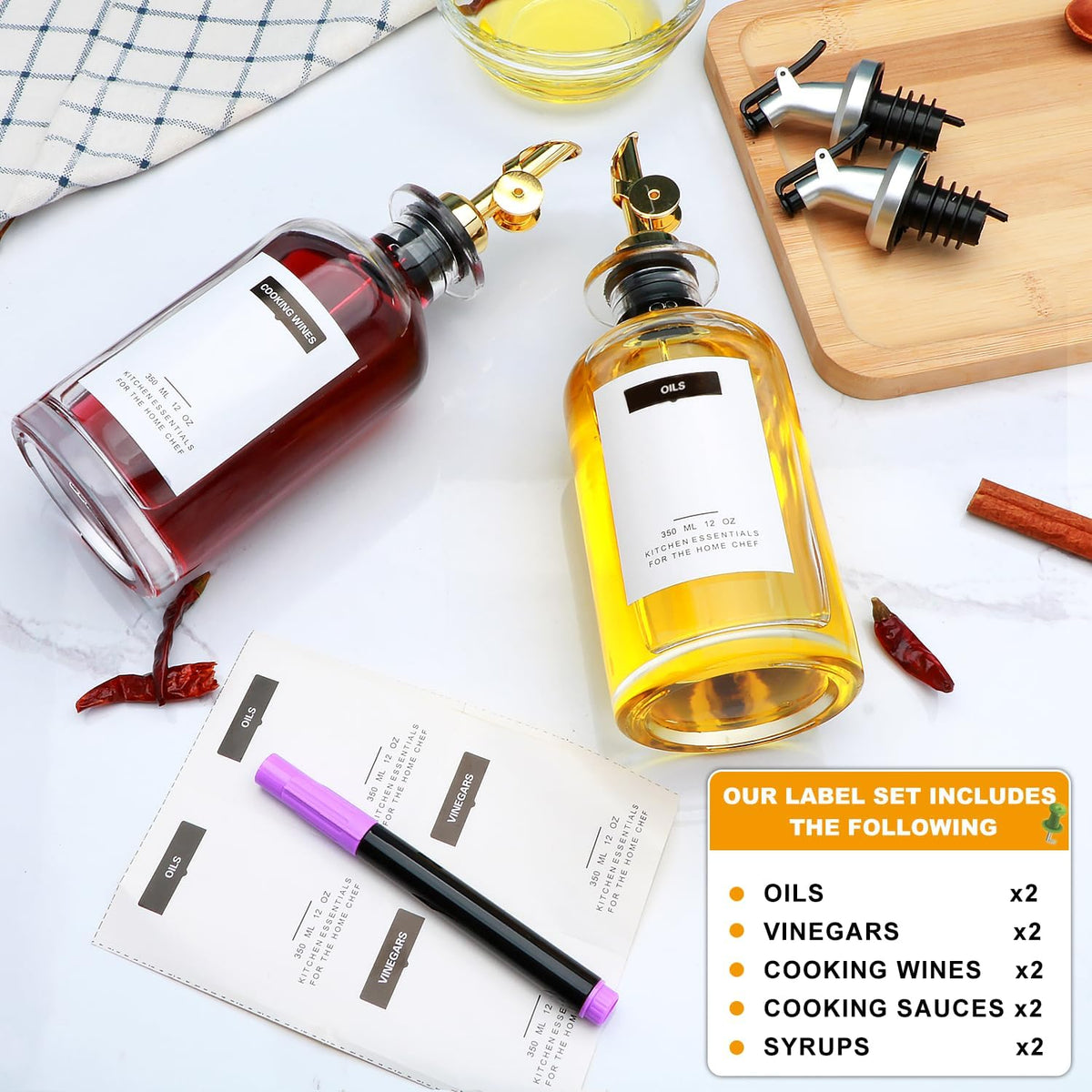 2Pcs 12oz Olive Oil Dispenser Bottle, Oil Dispenser for Kitchen | Glass Cooking Oil Dispenser, Vinegar Cruet Bottle with Pourers, Oil and Vinegar Dispenser Set with Pourers, Corks, Caps