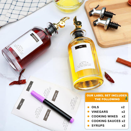 2Pcs 12oz Olive Oil Dispenser Bottle, Oil Dispenser for Kitchen | Glass Cooking Oil Dispenser, Vinegar Cruet Bottle with Pourers, Oil and Vinegar Dispenser Set with Pourers, Corks, Caps