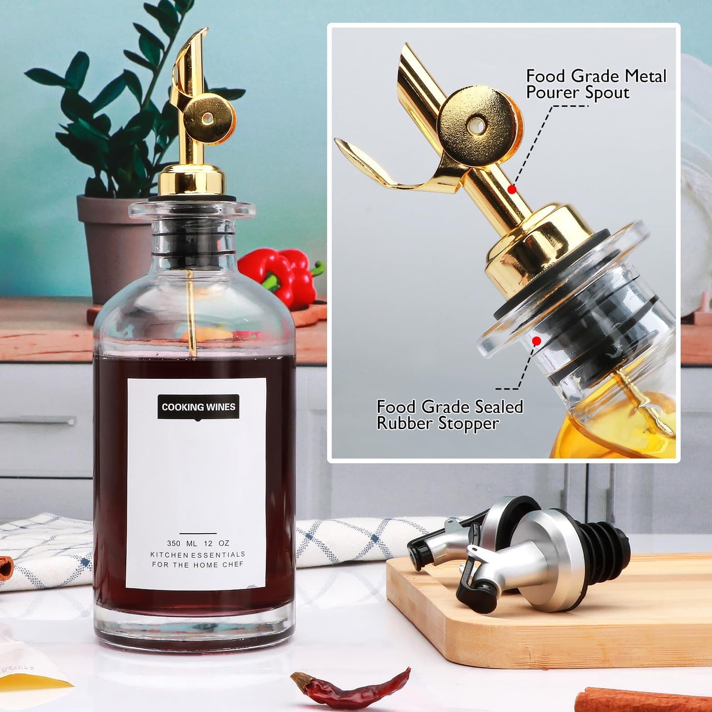 2Pcs 12oz Olive Oil Dispenser Bottle, Oil Dispenser for Kitchen | Glass Cooking Oil Dispenser, Vinegar Cruet Bottle with Pourers, Oil and Vinegar Dispenser Set with Pourers, Corks, Caps