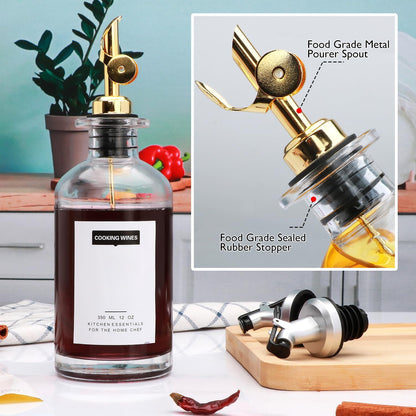 2Pcs 12oz Olive Oil Dispenser Bottle, Oil Dispenser for Kitchen | Glass Cooking Oil Dispenser, Vinegar Cruet Bottle with Pourers, Oil and Vinegar Dispenser Set with Pourers, Corks, Caps