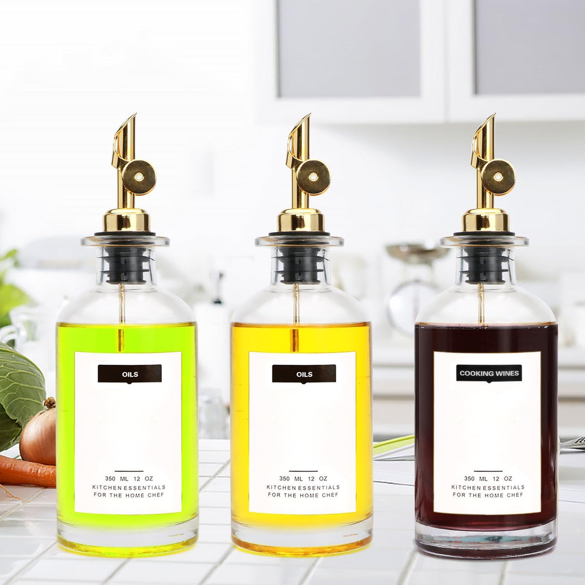 2Pcs 12oz Olive Oil Dispenser Bottle, Oil Dispenser for Kitchen | Glass Cooking Oil Dispenser, Vinegar Cruet Bottle with Pourers, Oil and Vinegar Dispenser Set with Pourers, Corks, Caps