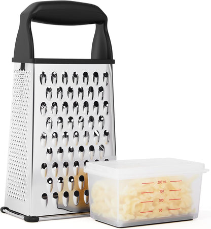 Professional Box Cheese Grater with Container & Handle | Durable Stainless Steel Cheese Shredder for Kitchen, Multi-Sided Food Chopper for Kitchen Use – Black