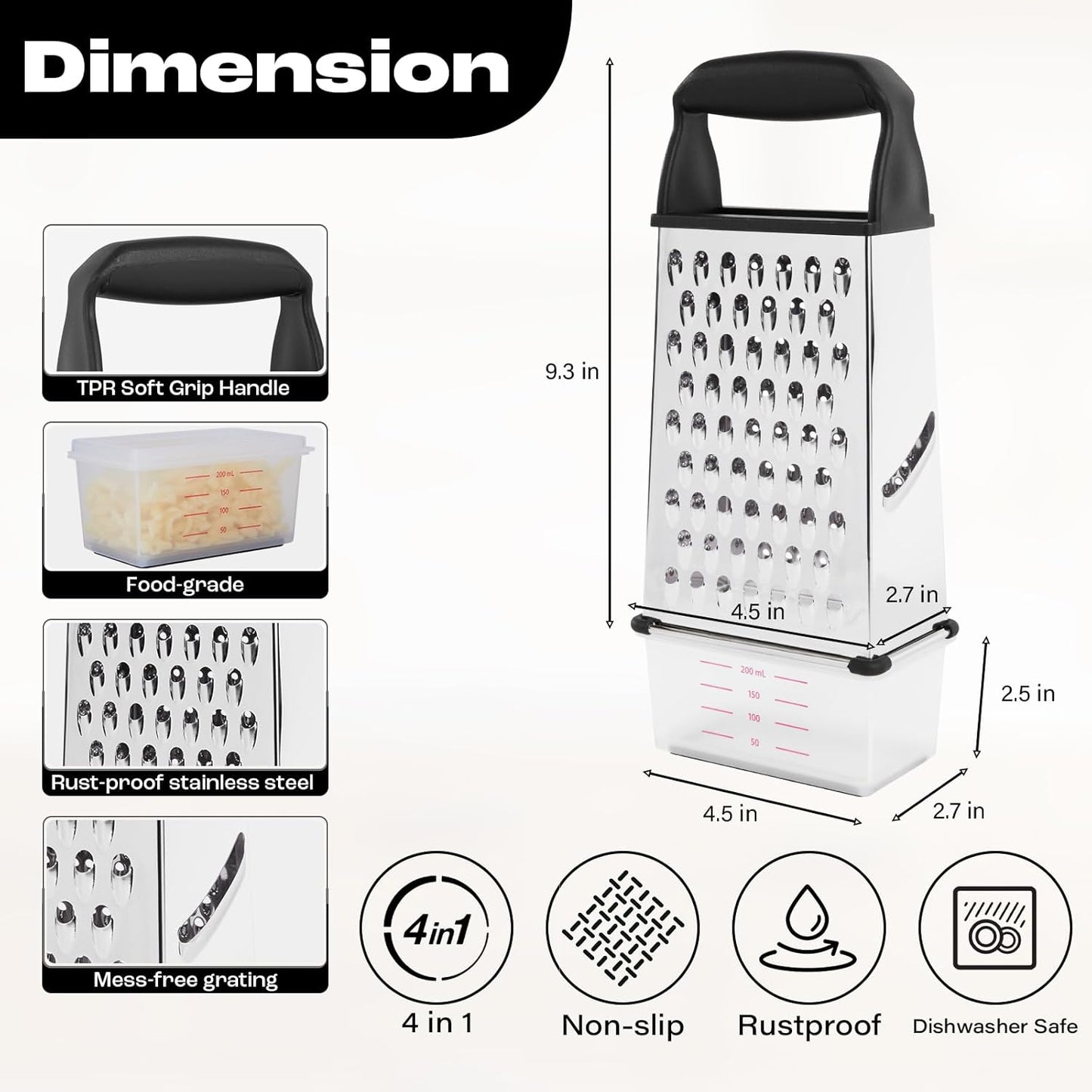 Professional Box Cheese Grater with Container & Handle | Durable Stainless Steel Cheese Shredder for Kitchen, Multi-Sided Food Chopper for Kitchen Use – Black