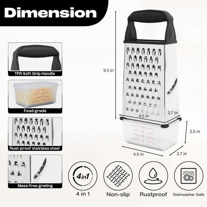 Professional Box Cheese Grater with Container & Handle | Durable Stainless Steel Cheese Shredder for Kitchen, Multi-Sided Food Chopper for Kitchen Use – Black